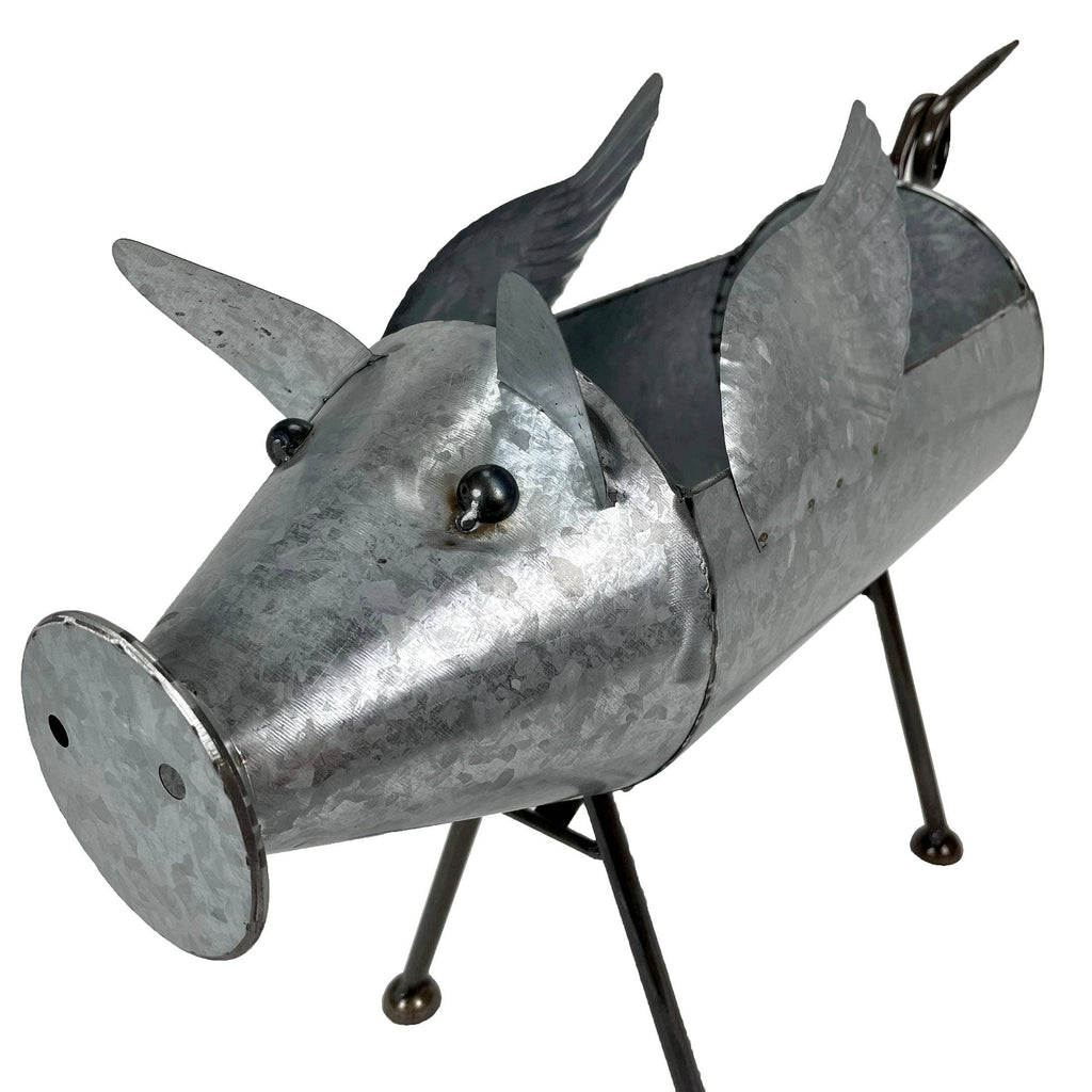 SM Distressed Galvanized Gray Metal Flying Pig Planter
